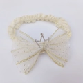 Detail of baby lace headband with large beige glittery mesh bow and silver crown - Crown T-Style / Off White