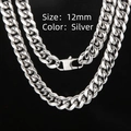 12mm silver stainless steel Cuban link necklace with a square buckle on black background - 60cm*12mm / Steel