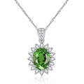 Elegant silver necklace with oval green gemstone pendant surrounded by white crystals - Green Tourmaline Gemstone Necklace Tz-16