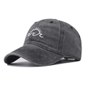 Premium vintage washed dark gray baseball cap with white sun and wave embroidery - Black