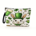 St. Patrick's Day bunny cosmetic bag with green hat and shamrock prints on white canvas - Style 4 / 17x25cm (With Wrist Strap)