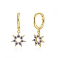 Detail of S925 silver gold hoop earrings with purple zircon sunburst charms - Purple