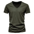 Detail view of the deep green slub cotton texture on a premium V-neck short sleeve T-shirt - S / V-Neck / Army Green