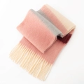 Pink, grey and beige plaid mohair scarf with soft fringe edges for winter warmth - 45x200+10x2cm / Rouge Pink Stripe
