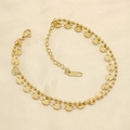 Double-layered golden stainless steel anklet with beads and disc charms on beige fabric - Double Layer Bead and Disc Style / Gold