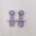 Lavender silicone baby fork and spoon set with panda handles and safety guard - Purple