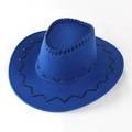 Royal blue suede western cowboy hat with black braided stitching detail in 45-degree view - Blue