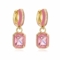 Pink enamel drop earrings with gold metal and rectangular step-cut gemstones - Pink