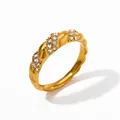 Twisted rope design gold-plated stainless steel ring featuring three sets of inlaid zircon stones - Gold (KBJ406)