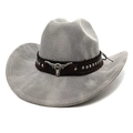 Detail of western cowboy straw hat featuring a bull head buckle and silver metal rivets - M (56-58cm) / Striped Grey