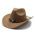 Dettaglio cappello da cowboy kaki con teschio di toro argentato e fascia con perline in legno - M (56-58cm) / Cachi