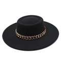 Classic black flat top wool felt boater hat with stylish gold chain band decoration - M (56-58cm) / Black
