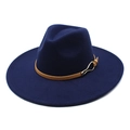 Detail of navy blue wool fedora with brown leather strap and golden buckle - M / Navy Blue