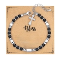 Religious 4mm black matte stone beads bracelet with silver cross pendant on prayer card - Cross Pendant (Bless Card) / With Card / Matte Black
