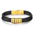 Macro shot of triple-layer black leather bracelet with three customizable gold steel rings - 19cm / 3 Names / Gold Clasp