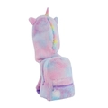 Detail eines flauschigen Regenbogen-Einhorn-Rucksacks mit buntem Bommel-Reißverschluss - Tie-Dye Lila