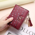 Short burgundy floral leather wallet for women with golden butterfly and tassel zipper - Burgundy