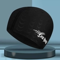 Elastic black fabric swim cap with subtle texture and white logo print on the side - Black