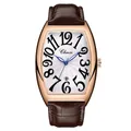Orologio al quarzo da uomo con cassa tonneau in oro rosa e cinturino in pelle marrone - Cassa Oro Rosa Quadrante Bianco Carattere Nero