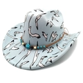 Light blue western cowboy hat with seagull prints and beaded brown braided band - M (56-58cm) / Flat Top Light Blue