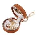 Brown circular mini jewelry case with zipper and hook for earring and ring storage - Brown