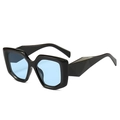Oversized polygonal sunglasses with black frame, blue lenses and geometric temples - Black Frame Blue Lens