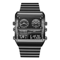 LIGE Square Men's Dual Display Watch with Black Stainless Steel Band and Digital World Map - Steel Strap / Black