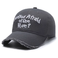 Distressed dark gray cotton baseball cap with white 3D letter embroidery and frayed brim - Gray