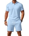 Men's summer light blue waffle knit short sleeve polo shirt and shorts casual set - S / Sky Blue