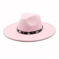 Macro detail of pink wool fedora hat with black leather band and silver metal studs - M (56-58cm) / Pink