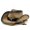 Detail of western straw hat featuring leather band with metal bull head emblem and chin strap - Khaki Black Gradient