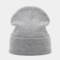 Close-up of heather gray knitted beanie showing high-quality fine texture and ribbed cuff - Light Gray