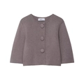 Elegant mauve round neck knit cardigan with large fabric-covered buttons in flat lay - Dusty Pink