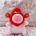 Pink plush pig charm with festive red fortune hat and silver bead keychain - God of Wealth Pink + Bead Chain