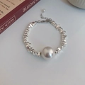 Elegant silver irregular beaded bracelet with a large white pearl and adjustable clasp - 22# Bracelet - Silver (Single Large Pearl Crushed Silver Style)