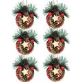 Set of 6 red and black plaid fabric Christmas ornament balls with pine cone and star detail - 6cm Style 12 (Plaid with Wooden Star)