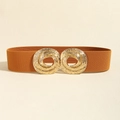 Detail of ginger elastic waist belt with interlocking gold metallic spiral buckle - Camel