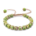 Detailed close-up of bohemian square emperor stone beads on hand-woven adjustable cord - Green Beige Ore Style (Style-6)