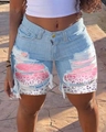 Light blue denim shorts with distressed holes and pink leopard print patch detail - S / Pink Leopard Patch