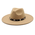 Detail of camel wool fedora hat featuring a black leather band with silver diamond studs - M (56-58cm) / Camel