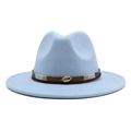 Detail of light blue wool fedora featuring a shell ornament and textured woven belt - Sky Blue