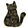 Détail du pin's chat noir avec notes de musique et texte Purring is lovely meowsic - Chat Assis avec Slogan (XZ7445)