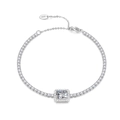 S925 sterling silver tennis bracelet with emerald cut center stone and halo setting - 2MM Tennis Chain/White Rectangular Main Stone/Platinum Plated/Adjustable