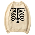 Unisex apricot fleece sweatshirt with black ribcage skeleton print on thick cotton fabric - S / Tops / Beige (Black Skeleton Pattern)