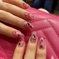 Pink gradient press-on nails with heart gemstones and silver glitter sequins - GN001 (Adhesive Glue Style)