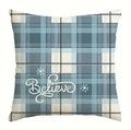 Dettaglio della federa a quadretti blu con scritta Believe e motivi di fiocchi di neve - TQYM41-3 Quadri Blu Believe / 45*45cm Lino monofacciale