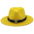 Detail of yellow straw fedora hat with ethnic band and silver bull skull ornament - M(56-58cm) / Yellow
