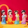 Set of four Dunhuang flying fairy resin figurines in blue yellow pink and green colors - Complete Small Figurine Set