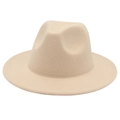 Detail of light beige felt fedora hat featuring wide brim with matching stitching details - M / Beige