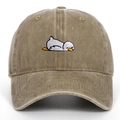 Detail of cartoon bird embroidery on vintage washed cotton baseball cap with ventilation holes - Adjustable / Khaki